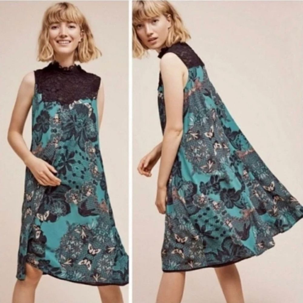 Anthropologie Maeve Black and Teal Floral Butterfly Swing Dress Small